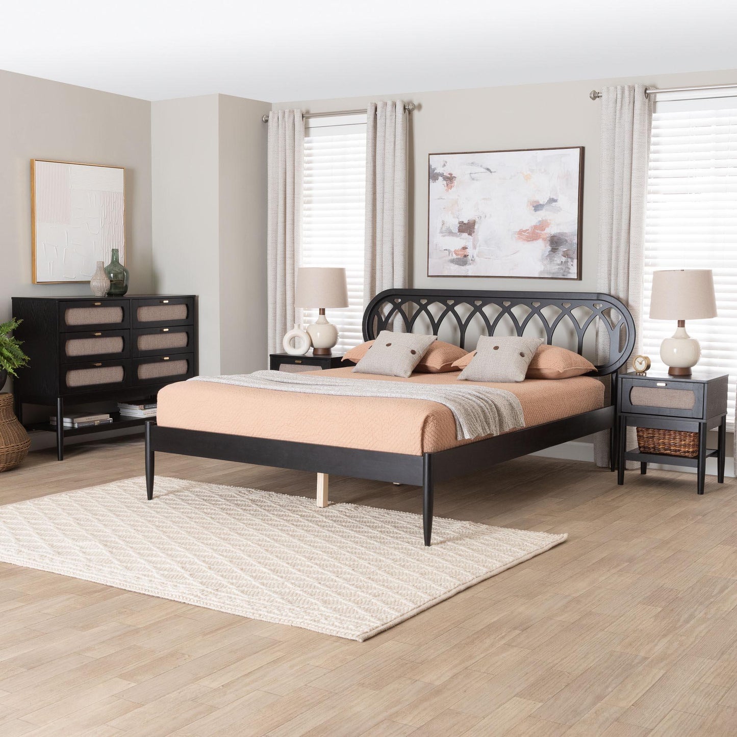 Baxton Studio Florica Art Deco Black Wood Queen 4-Piece Bedroom Set with Two Nightstands FredCo