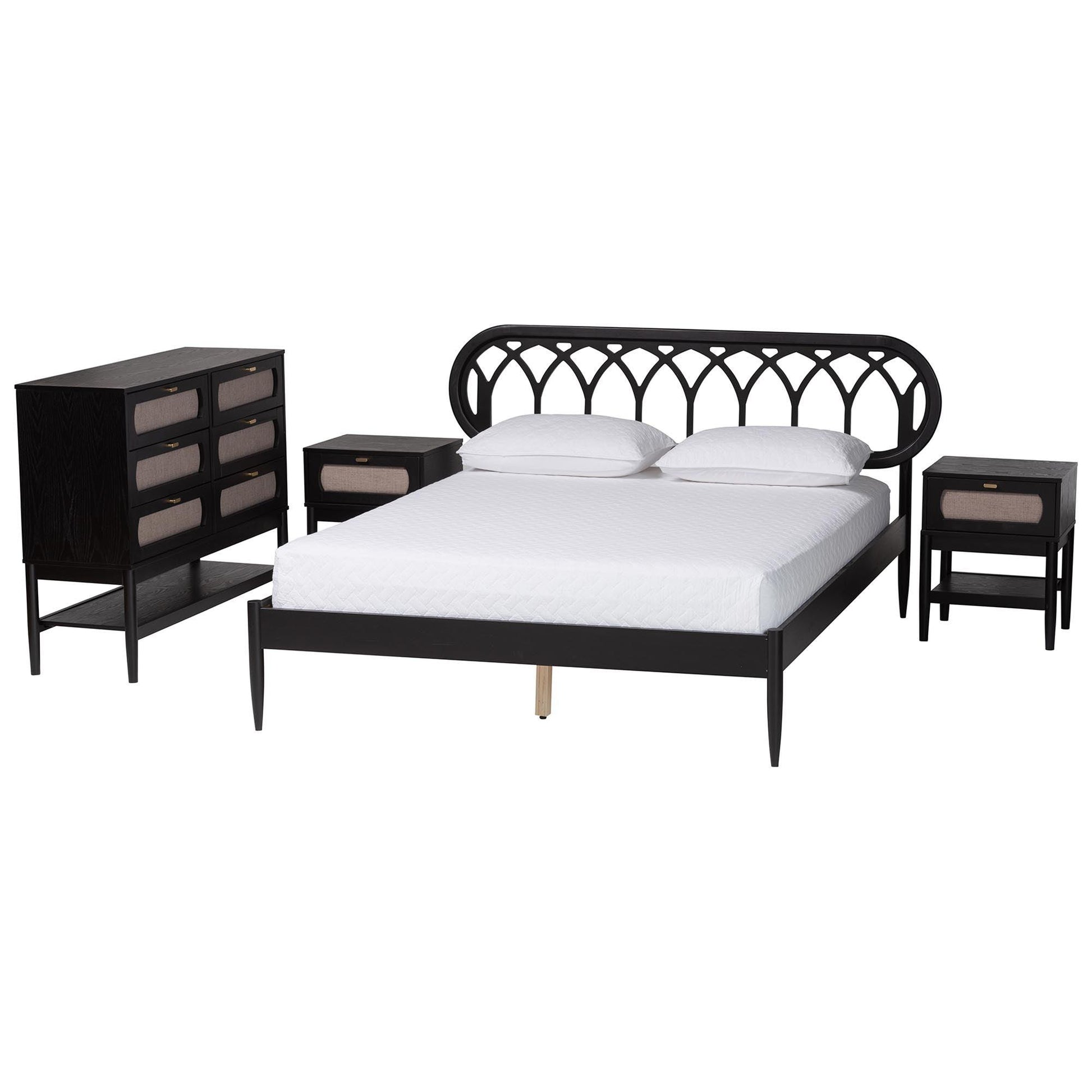 Baxton Studio Florica Art Deco Black Wood Queen 4-Piece Bedroom Set with Two Nightstands FredCo