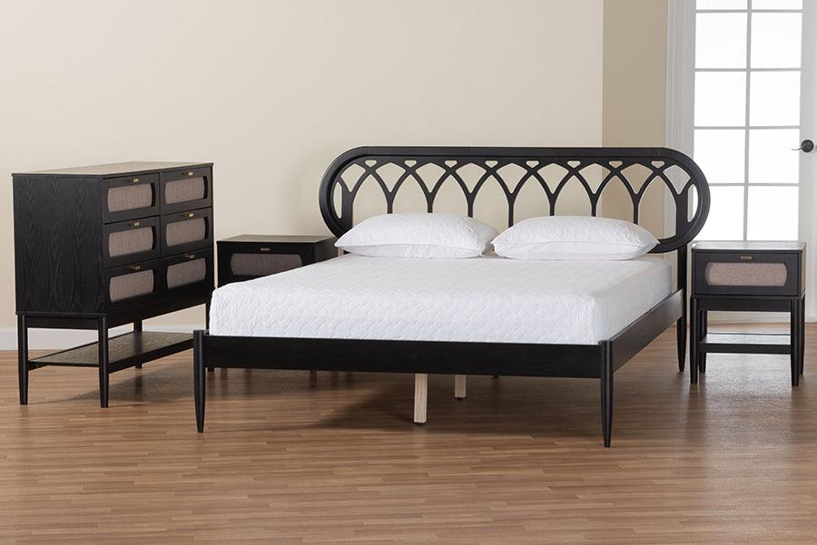 Baxton Studio Florica Art Deco Black Wood Queen 4-Piece Bedroom Set with Two Nightstands FredCo