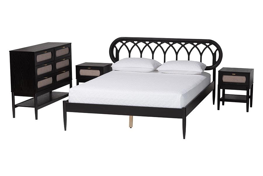 Baxton Studio Florica Art Deco Black Wood Queen 4-Piece Bedroom Set with Two Nightstands FredCo