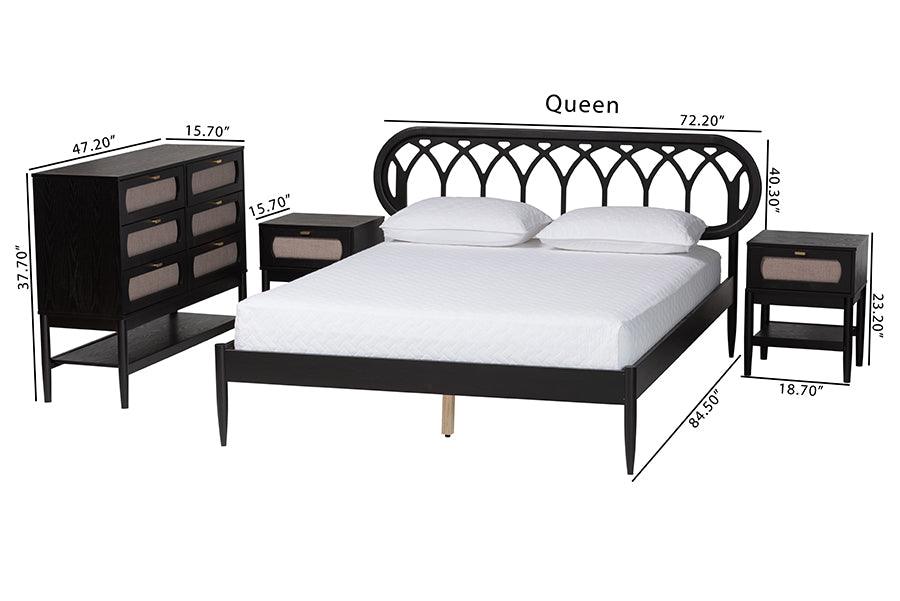 Baxton Studio Florica Art Deco Black Wood Queen 4-Piece Bedroom Set with Two Nightstands FredCo