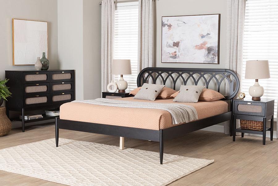 Baxton Studio Florica Art Deco Black Wood Queen 4-Piece Bedroom Set with Two Nightstands FredCo
