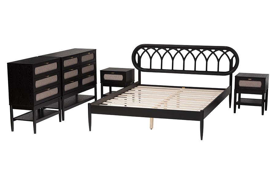 Baxton Studio Florica Art Deco Black Wood Queen 5-Piece Bedroom Set FredCo