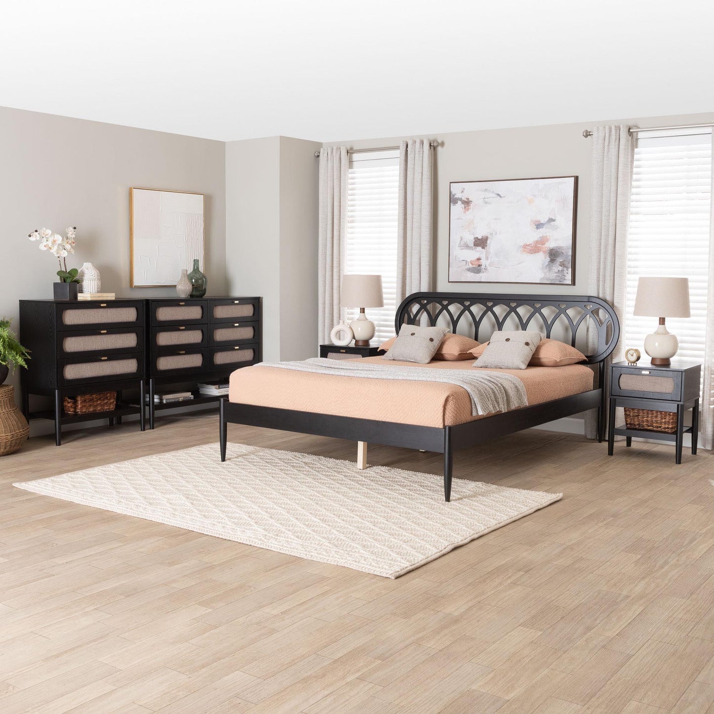 Baxton Studio Florica Art Deco Black Wood Queen 5-Piece Bedroom Set FredCo