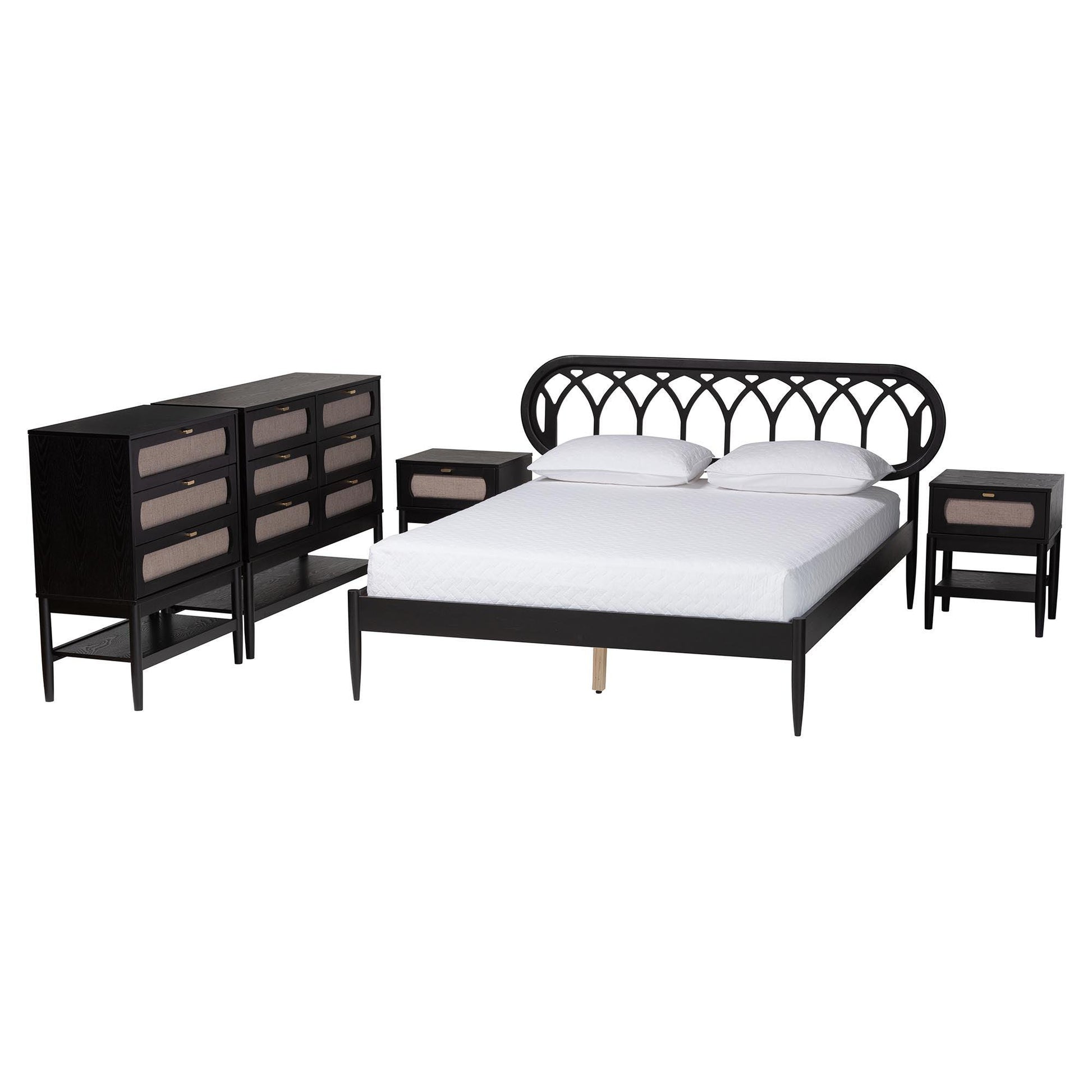 Baxton Studio Florica Art Deco Black Wood Queen 5-Piece Bedroom Set FredCo