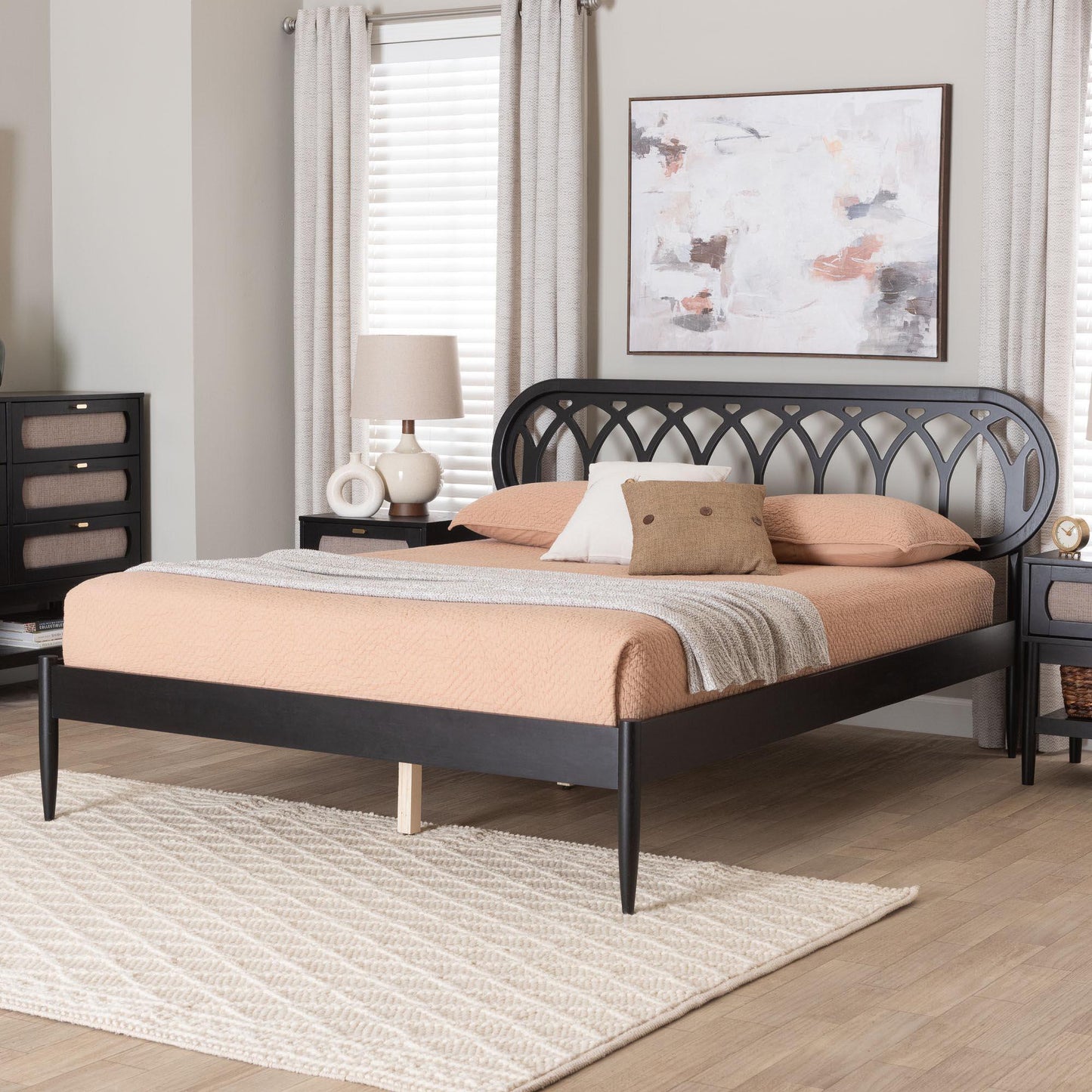 Baxton Studio Florica Art Deco Black Wood Queen Platform Bed FredCo