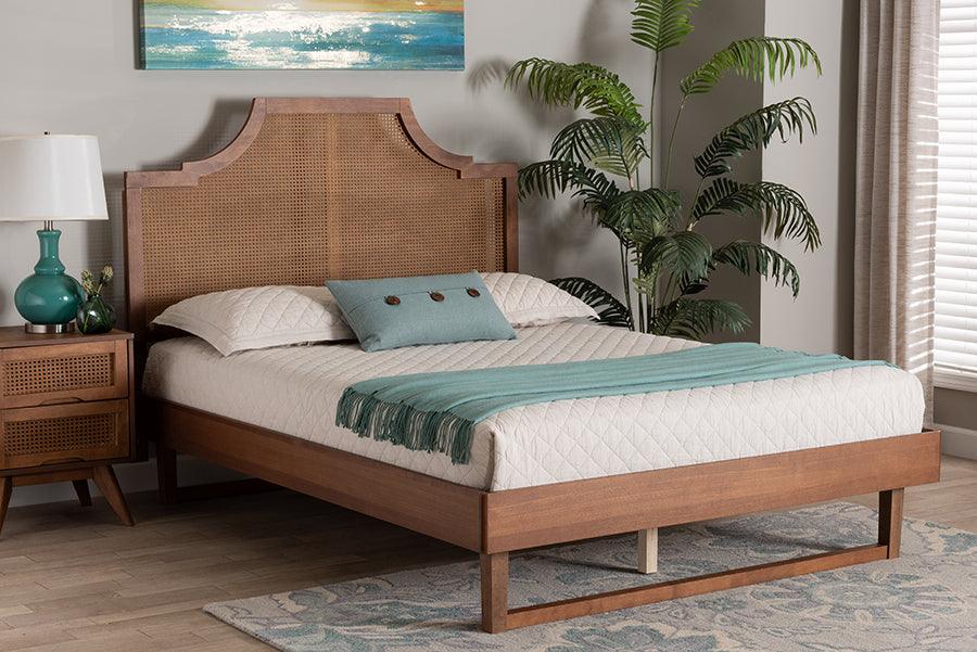 Baxton Studio Francine Mid-Century Modern Ash Walnut Woven Rattan Queen Size Bed FredCo