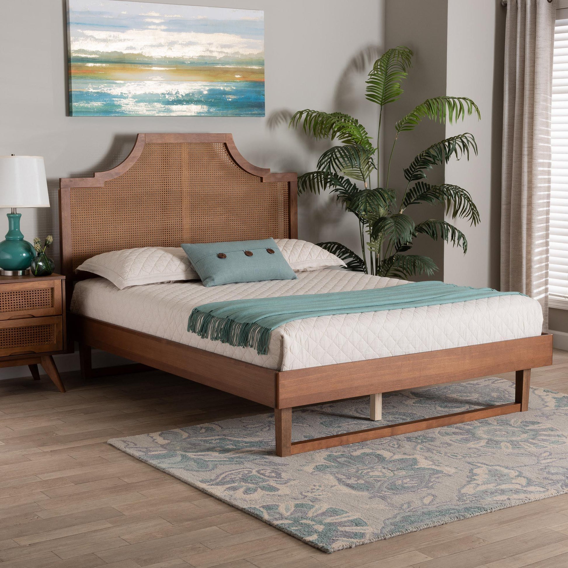 Baxton Studio Francine Mid-Century Modern Ash Walnut Woven Rattan Queen Size Bed FredCo