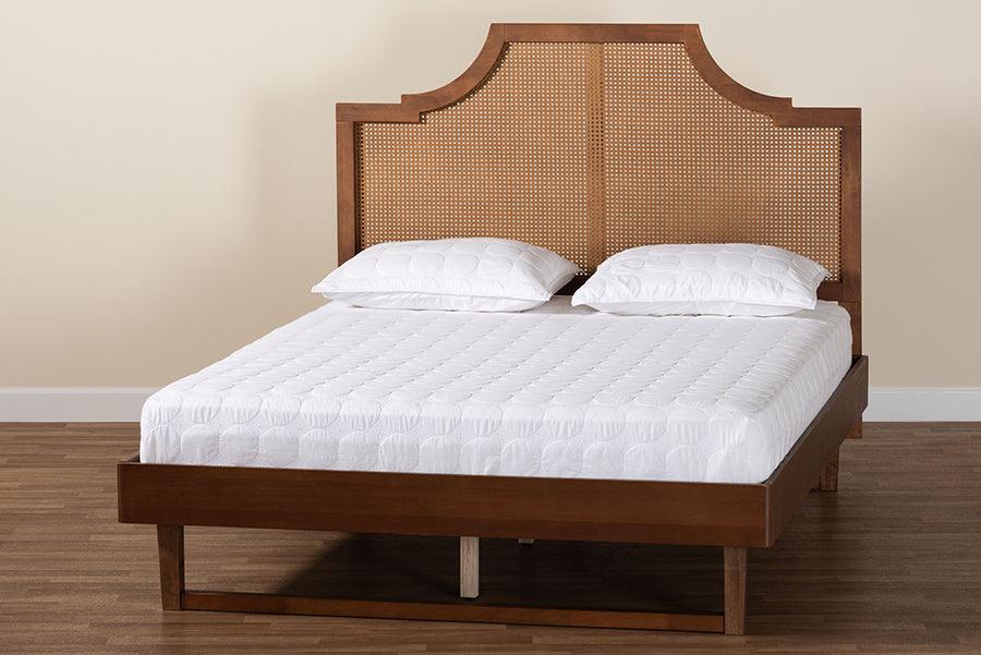Baxton Studio Francine Mid-Century Modern Ash Walnut Woven Rattan Queen Size Bed FredCo