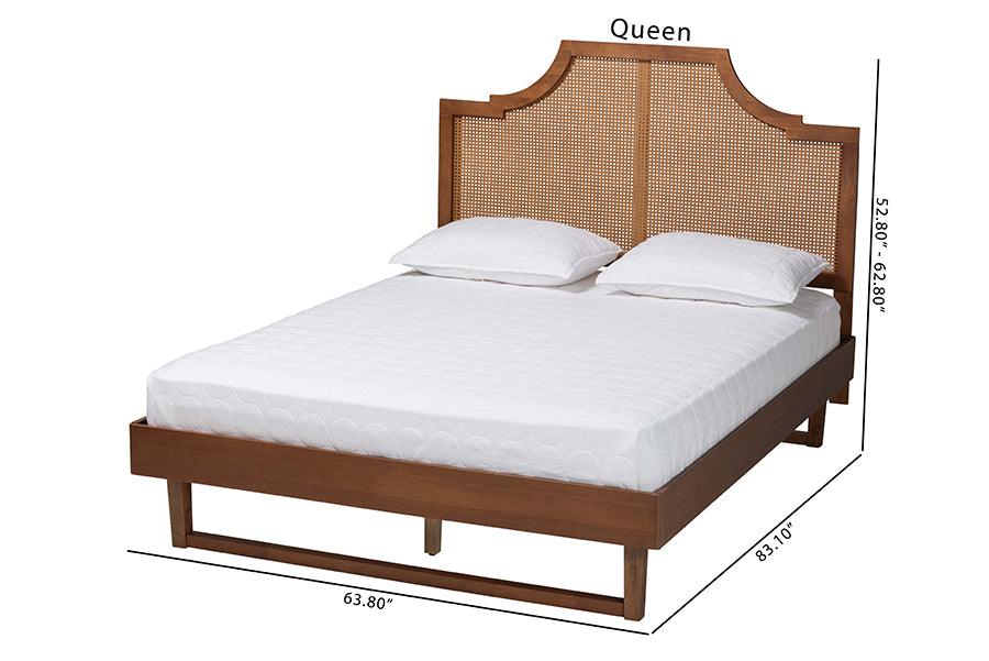 Baxton Studio Francine Mid-Century Modern Ash Walnut Woven Rattan Queen Size Bed FredCo