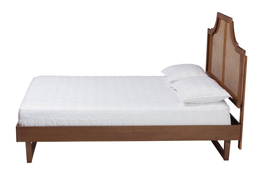 Baxton Studio Francine Mid-Century Modern Ash Walnut Woven Rattan Queen Size Bed FredCo