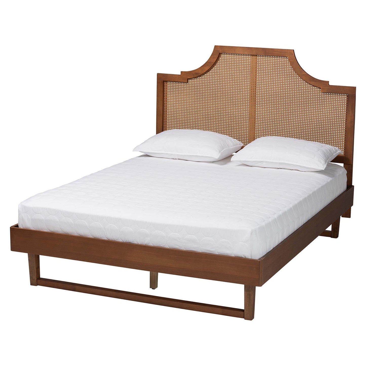Baxton Studio Francine Mid-Century Modern Ash Walnut Woven Rattan Queen Size Bed FredCo