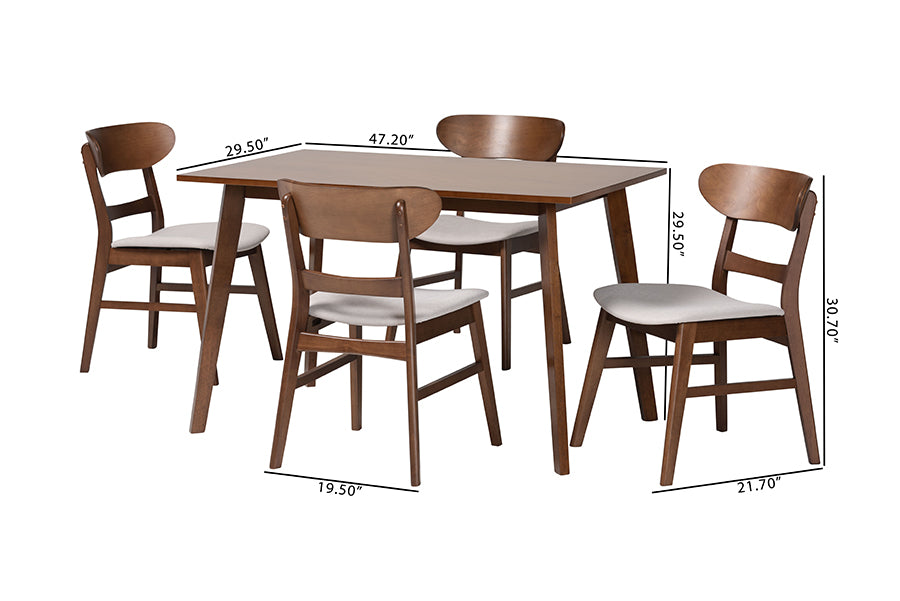 Mid-century modern wood dining table set with four chairs, dimensions labeled