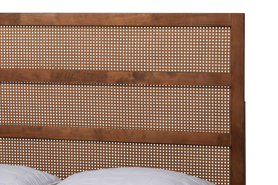 Baxton Studio Fuller Mid-Century Walnut Brown Finished Wood King Size Platform Bed with Woven Rattan FredCo