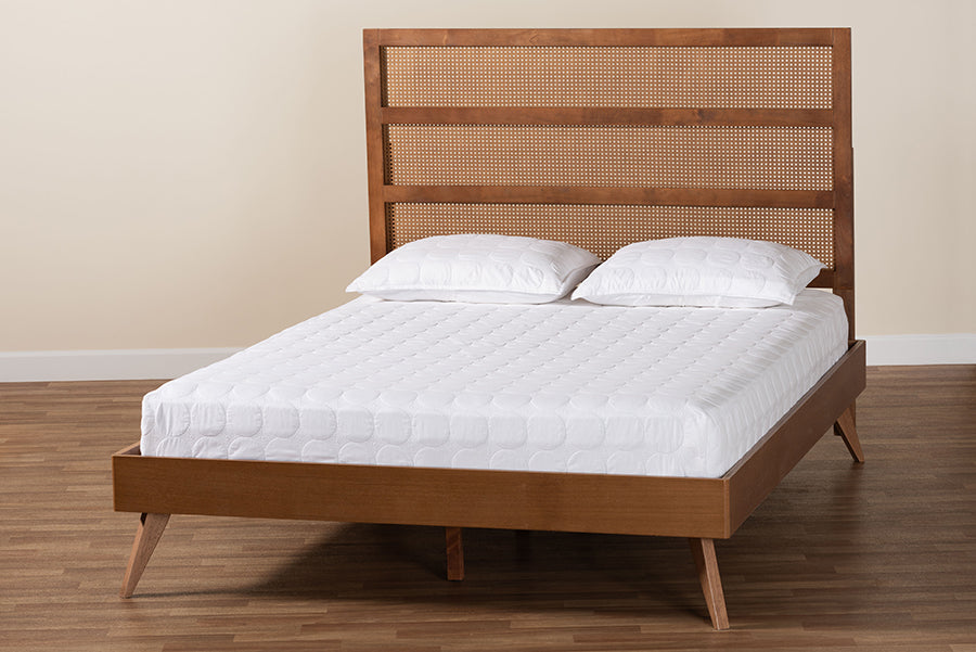 Baxton Studio Fuller Mid-Century Walnut Brown Finished Wood King Size Platform Bed with Woven Rattan FredCo
