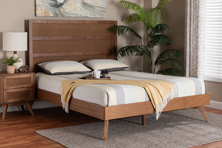 Baxton Studio Fuller Mid-Century Walnut Brown Finished Wood King Size Platform Bed with Woven Rattan FredCo
