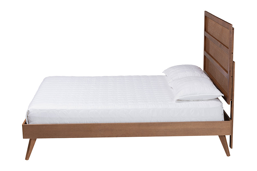 Baxton Studio Fuller Mid-Century Walnut Brown Finished Wood King Size Platform Bed with Woven Rattan FredCo