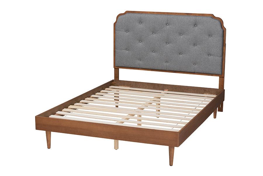 Baxton Studio Garron Mid-Century Modern Grey Fabric and Walnut Brown Wood King Size Platform Bed FredCo