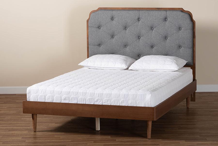 Baxton Studio Garron Mid-Century Modern Grey Fabric and Walnut Brown Wood King Size Platform Bed FredCo