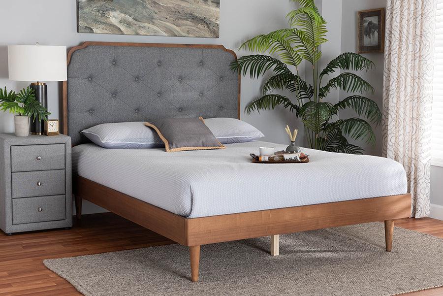 Baxton Studio Garron Mid-Century Modern Grey Fabric and Walnut Brown Wood King Size Platform Bed FredCo