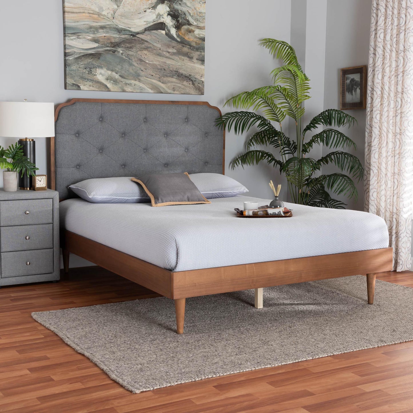Baxton Studio Garron Mid-Century Modern Grey Fabric and Walnut Brown Wood King Size Platform Bed FredCo