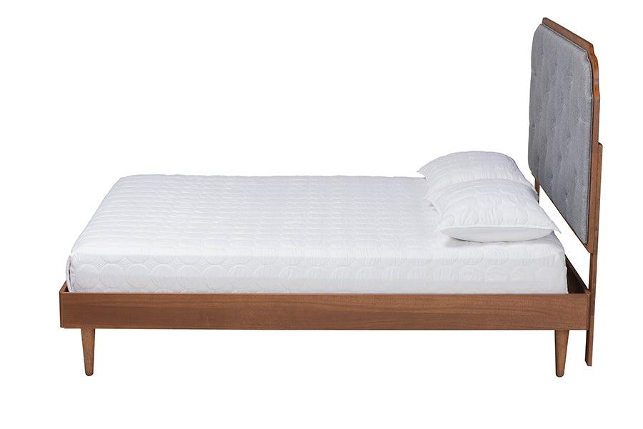 Baxton Studio Garron Mid-Century Modern Grey Fabric and Walnut Brown Wood King Size Platform Bed FredCo