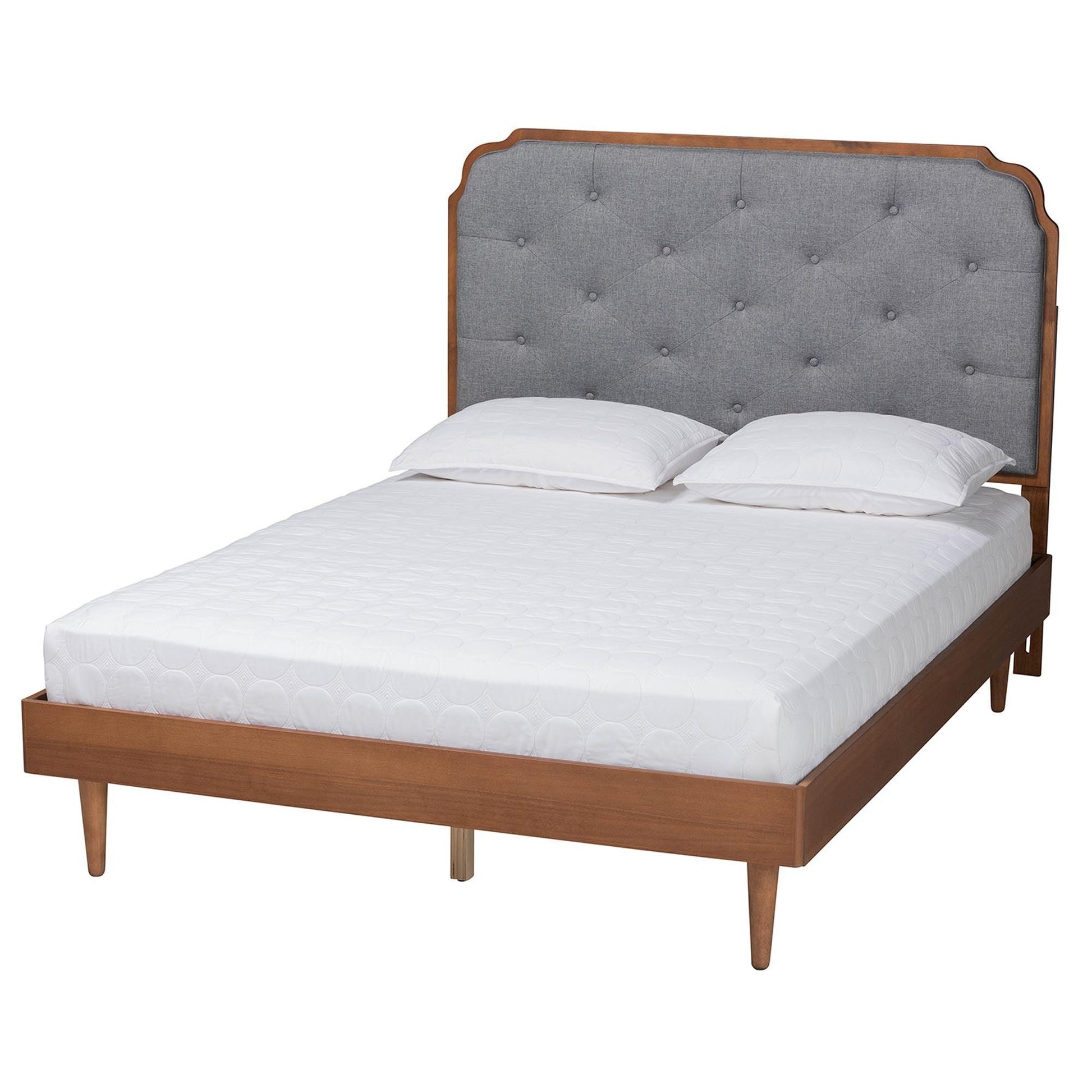 Baxton Studio Garron Mid-Century Modern Grey Fabric and Walnut Brown Wood King Size Platform Bed FredCo