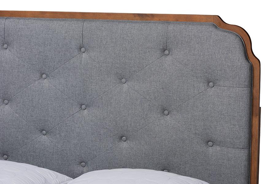 Baxton Studio Garron Mid-Century Modern Grey Fabric and Walnut Brown Wood King Size Platform Bed FredCo