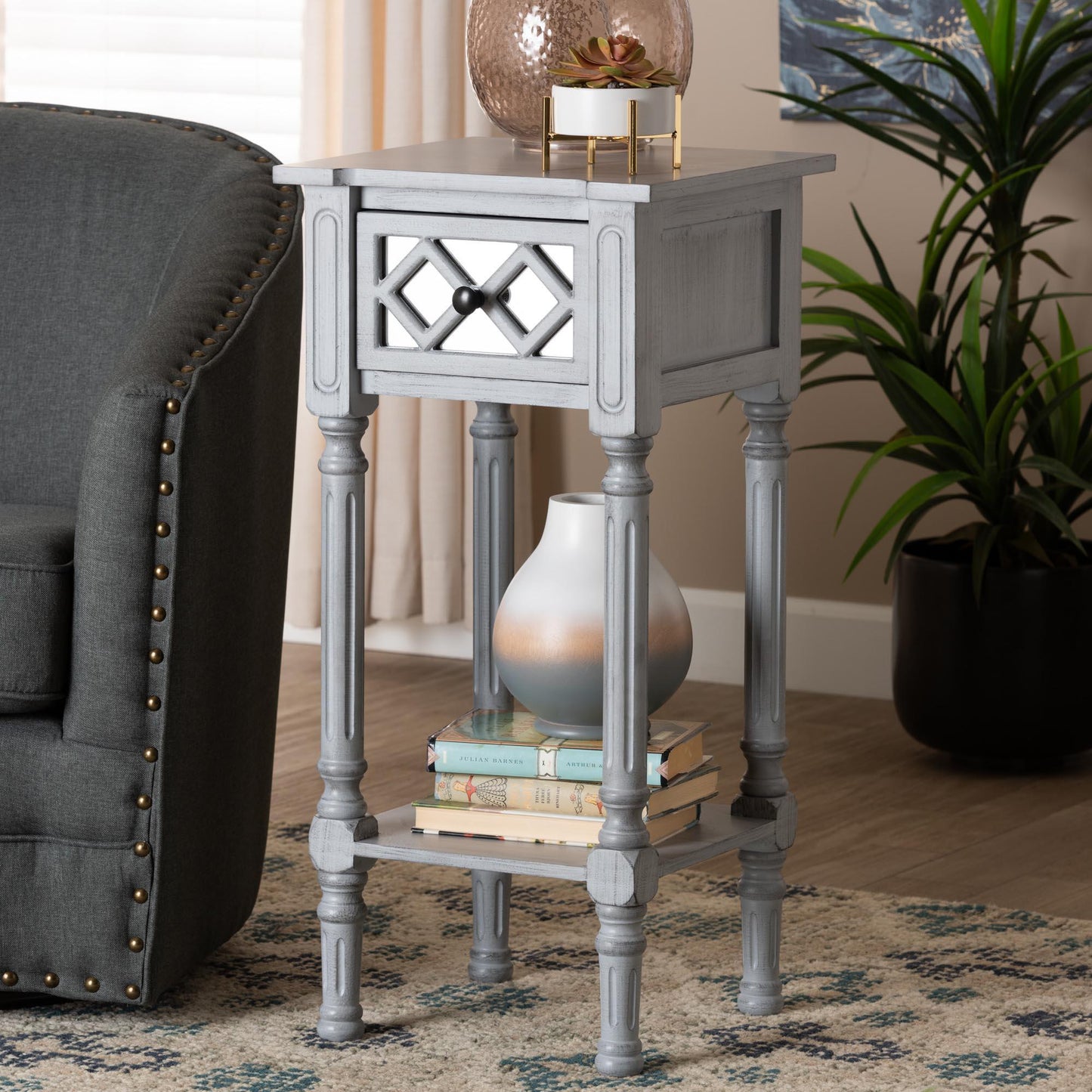 Baxton Studio Gellert Classic and Traditional Grey Finished Wood 1-Drawer End Table FredCo