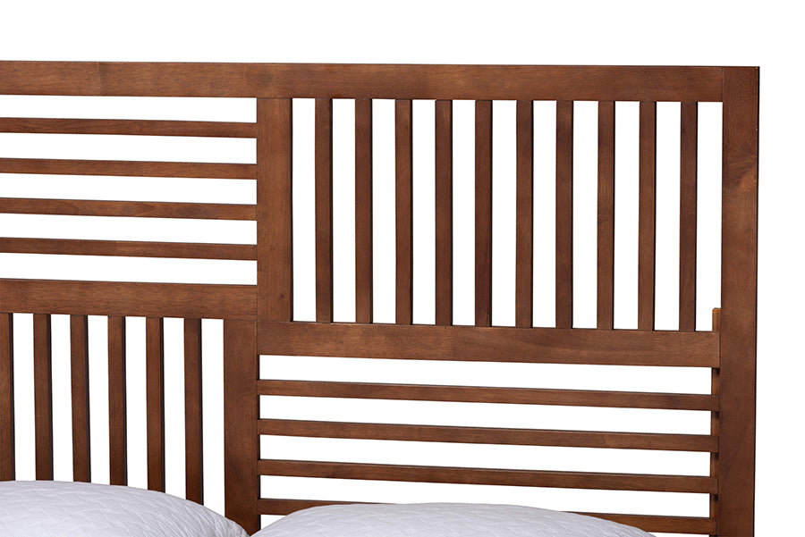 Modern wooden bed headboard with geometric slat design, FredCo International furniture