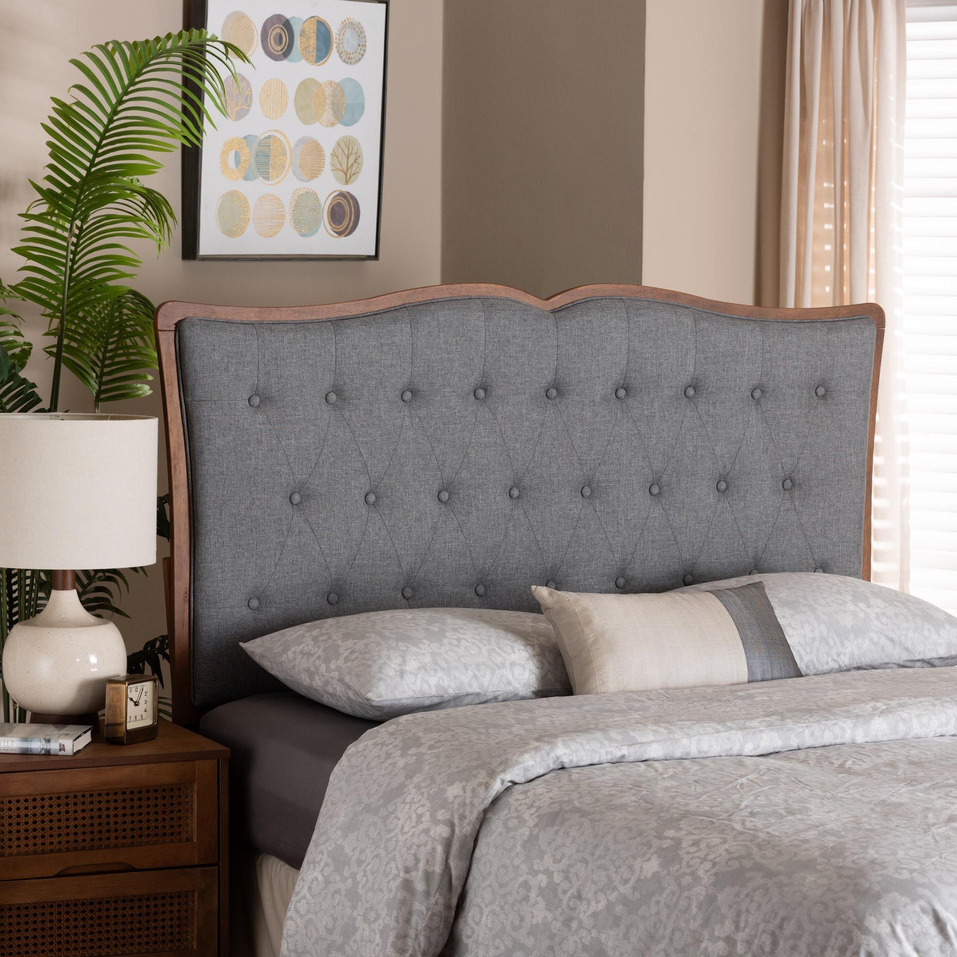Baxton Studio Georgia Classic and Traditional Grey Fabric and Walnut Brown Finished Wood Headboard FredCo