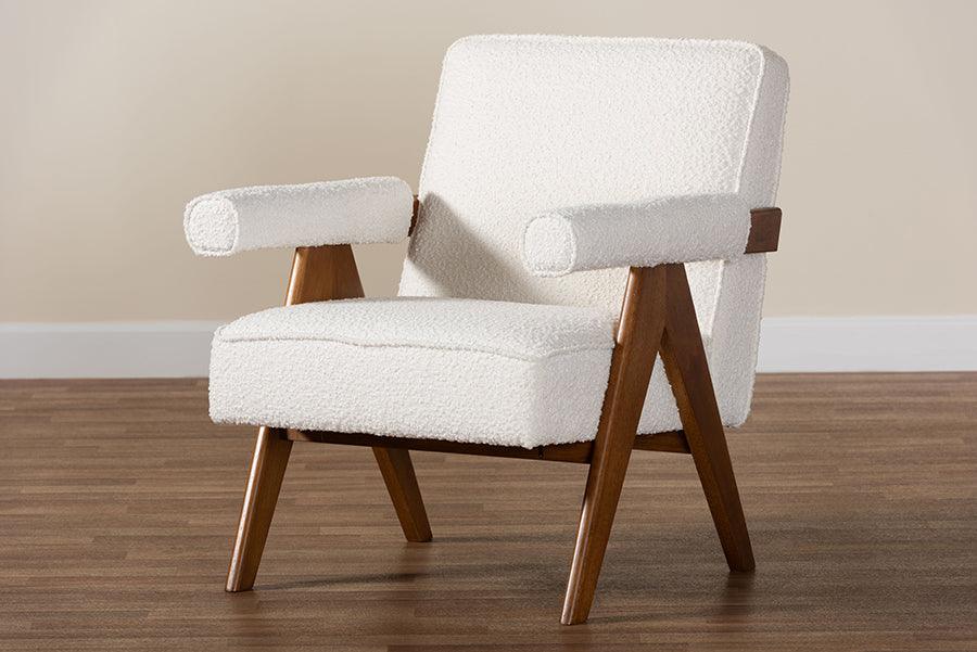 Baxton Studio Georgina Japandi Cream Boucle and Walnut Brown Wood Accent Chair FredCo