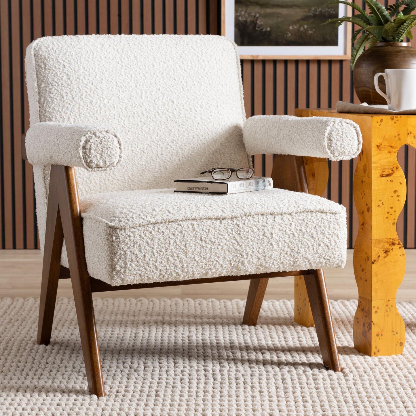 Baxton Studio Georgina Japandi Cream Boucle and Walnut Brown Wood Accent Chair FredCo