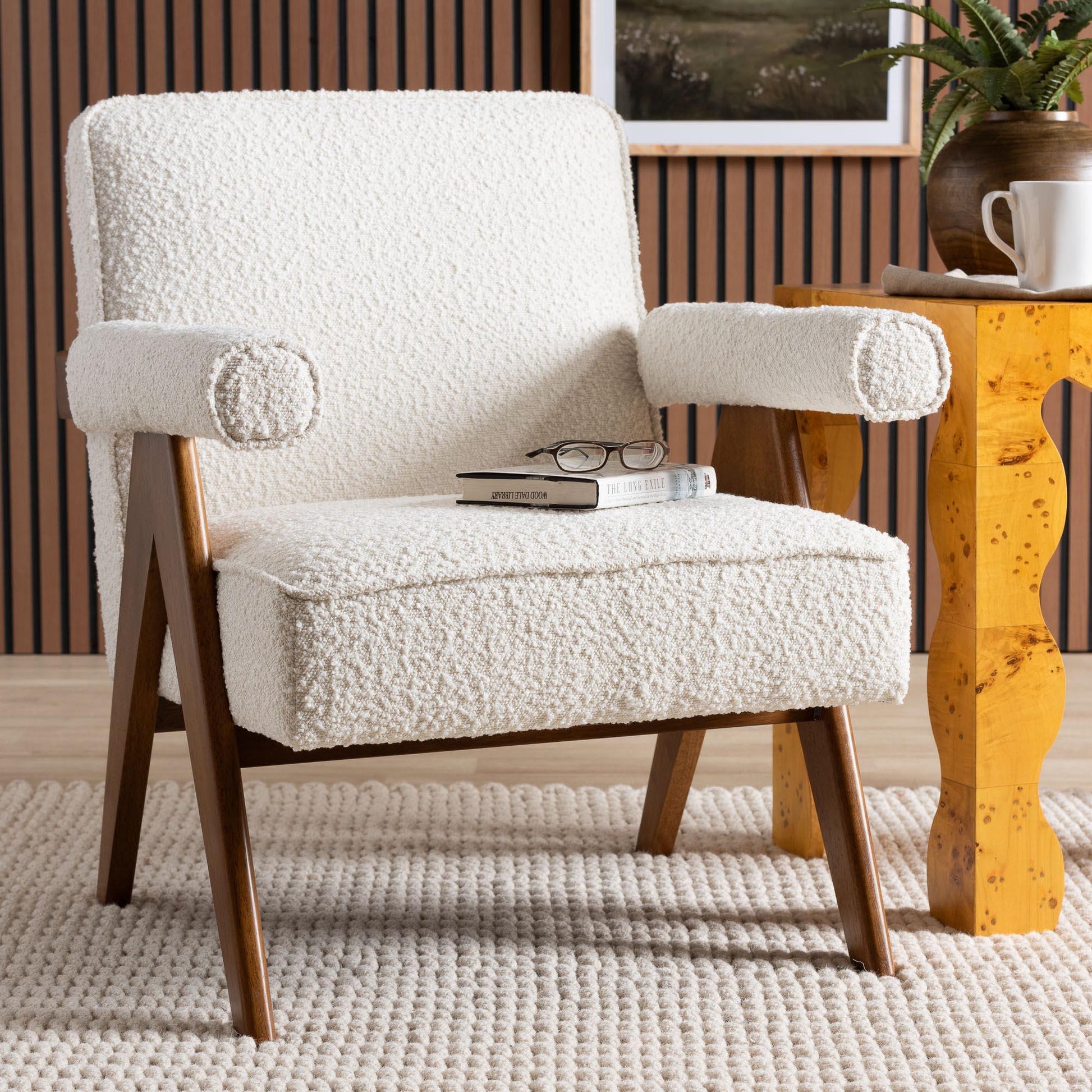 Baxton Studio Georgina Japandi Cream Boucle and Walnut Brown Wood Accent Chair FredCo