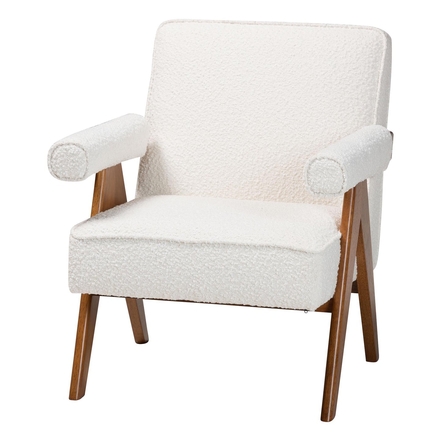 Baxton Studio Georgina Japandi Cream Boucle and Walnut Brown Wood Accent Chair FredCo