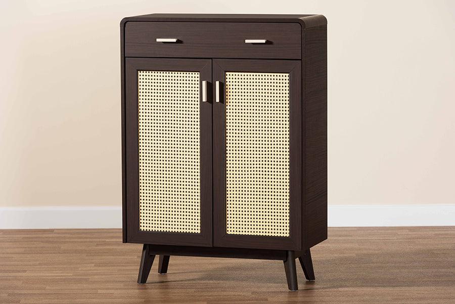 Baxton Studio Giancarlo Mid-Century Modern Espresso Brown Wood 2-Door Shoe Cabinet with Rattan Door FredCo