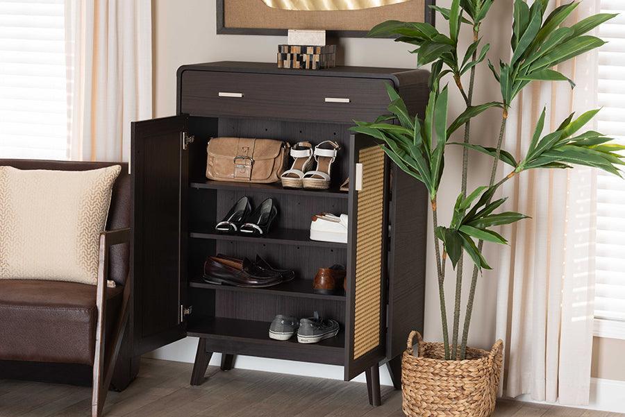 Baxton Studio Giancarlo Mid-Century Modern Espresso Brown Wood 2-Door Shoe Cabinet with Rattan Door FredCo