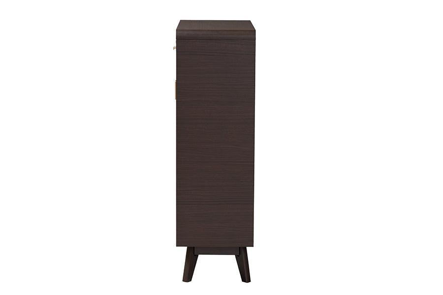 Baxton Studio Giancarlo Mid-Century Modern Espresso Brown Wood 2-Door Shoe Cabinet with Rattan Door FredCo