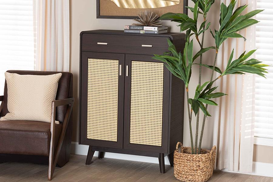 Baxton Studio Giancarlo Mid-Century Modern Espresso Brown Wood 2-Door Shoe Cabinet with Rattan Door FredCo