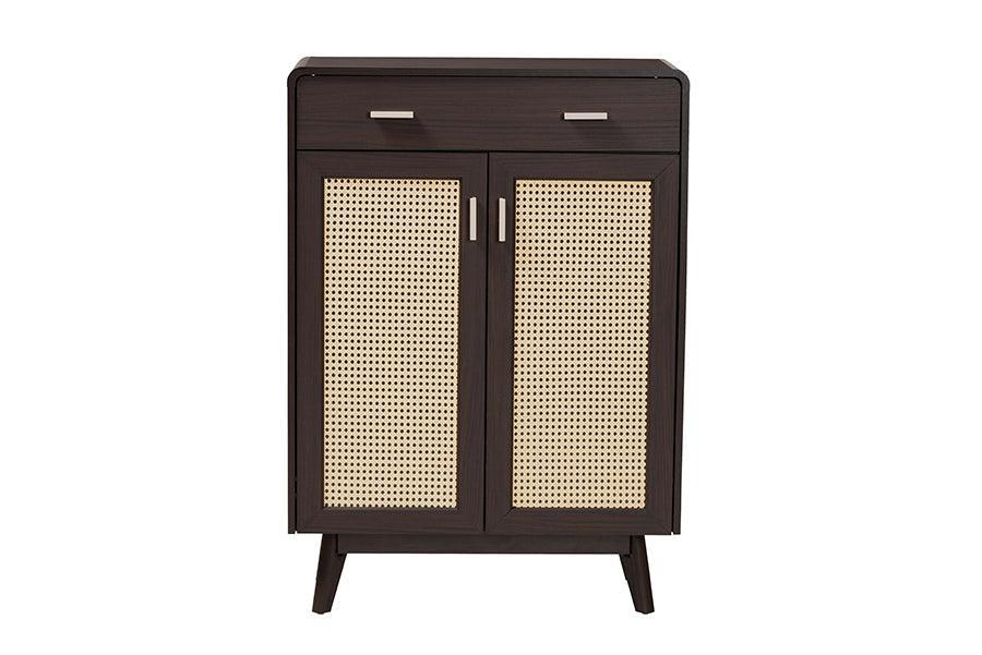 Baxton Studio Giancarlo Mid-Century Modern Espresso Brown Wood 2-Door Shoe Cabinet with Rattan Door FredCo