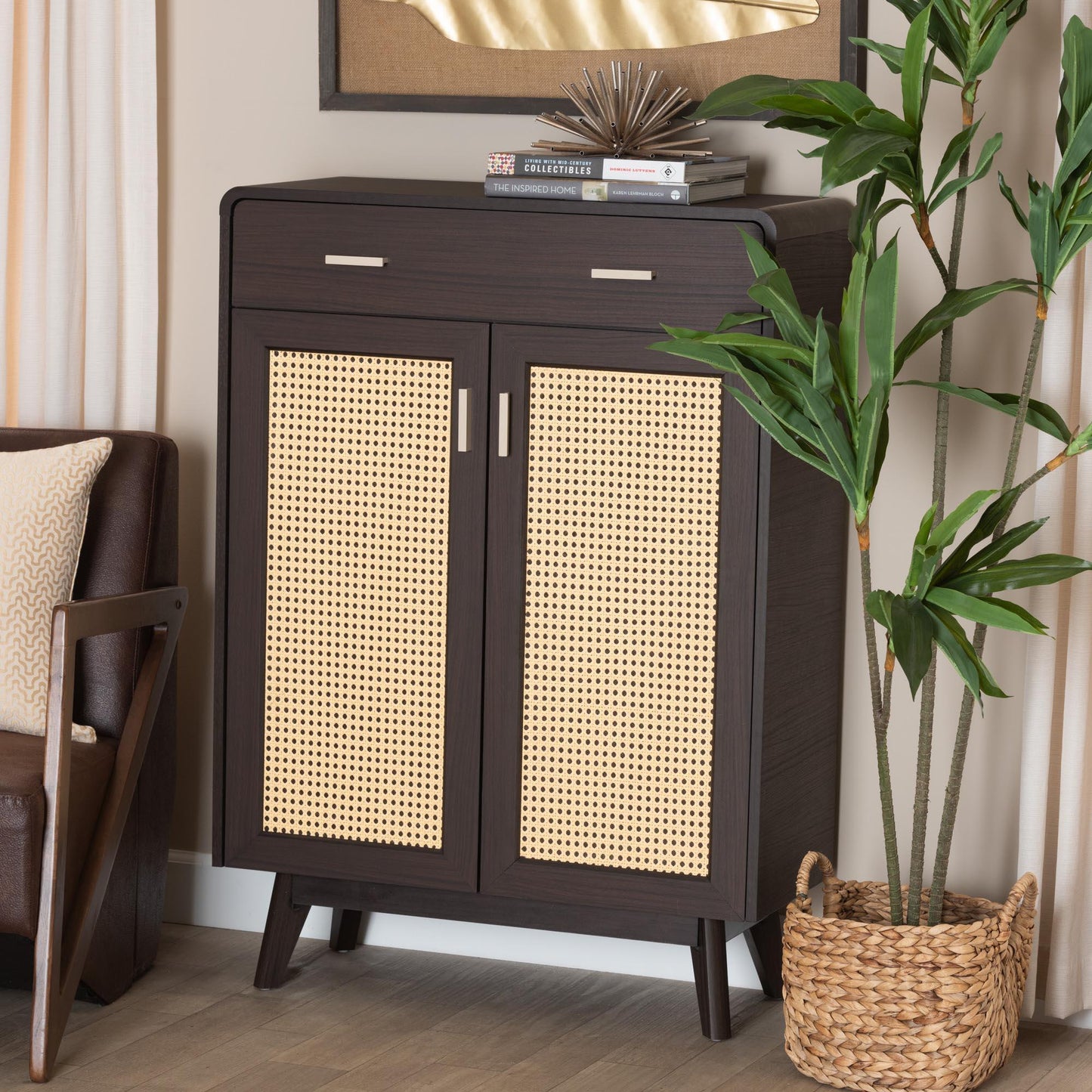 Baxton Studio Giancarlo Mid-Century Modern Espresso Brown Wood 2-Door Shoe Cabinet with Rattan Door FredCo