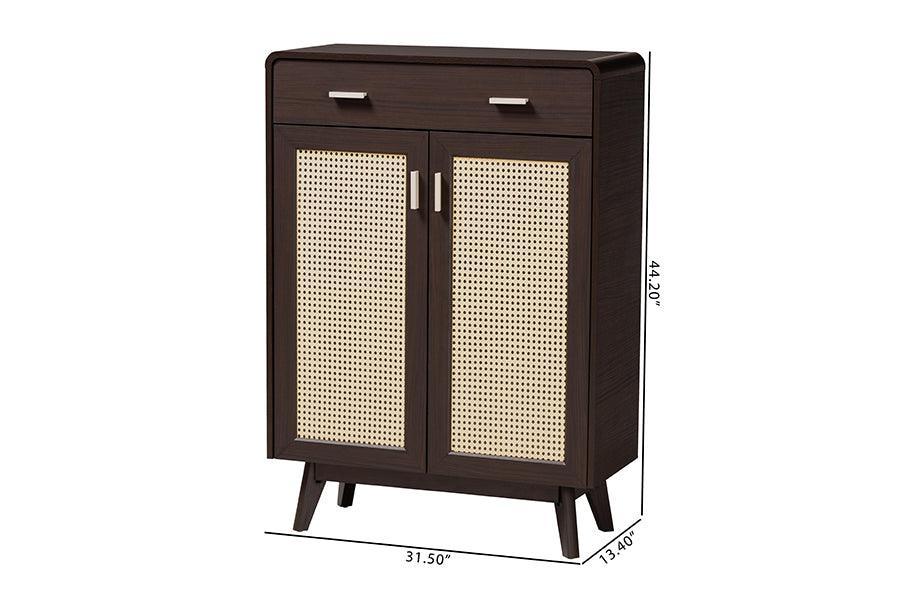 Baxton Studio Giancarlo Mid-Century Modern Espresso Brown Wood 2-Door Shoe Cabinet with Rattan Door FredCo