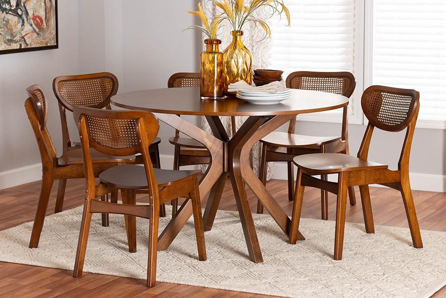 Baxton Studio Giuliana Mid-Century Modern Walnut Brown Finished Wood and Woven Rattan 7-Piece Dining Set FredCo