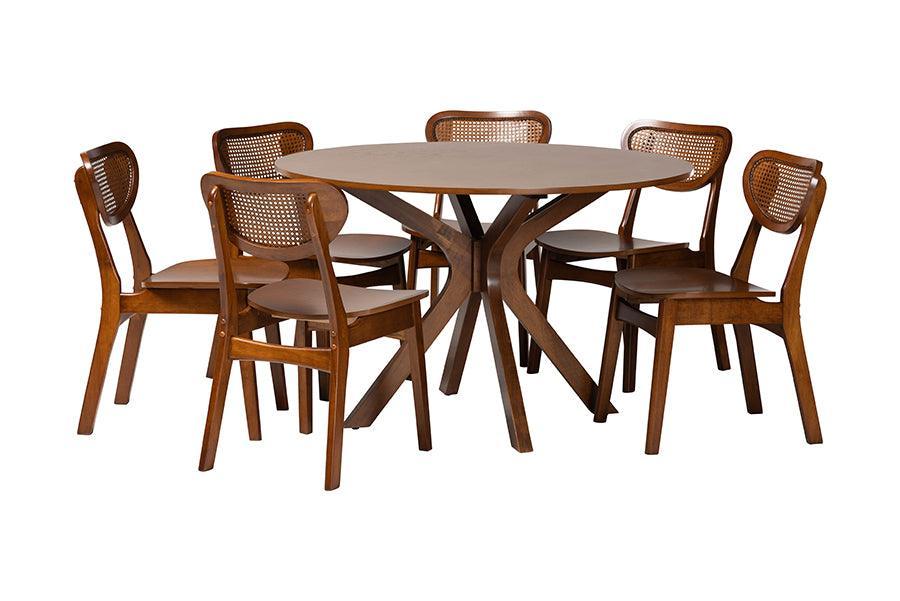 Baxton Studio Giuliana Mid-Century Modern Walnut Brown Finished Wood and Woven Rattan 7-Piece Dining Set FredCo