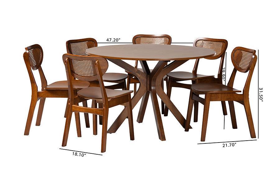 Baxton Studio Giuliana Mid-Century Modern Walnut Brown Finished Wood and Woven Rattan 7-Piece Dining Set FredCo