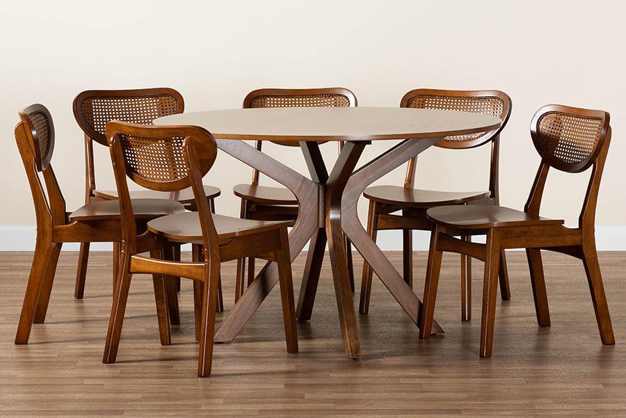 Baxton Studio Giuliana Mid-Century Modern Walnut Brown Finished Wood and Woven Rattan 7-Piece Dining Set FredCo