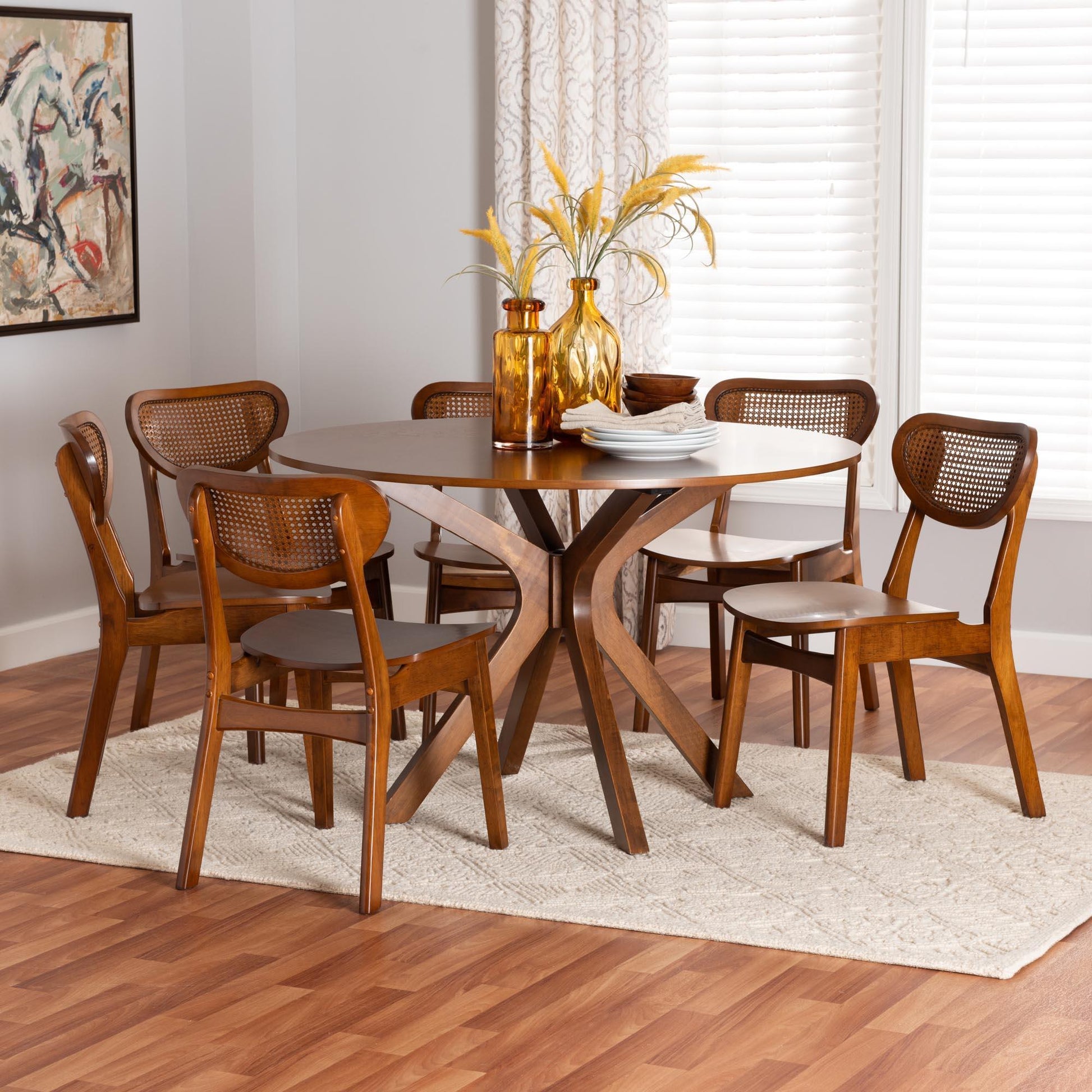 Baxton Studio Giuliana Mid-Century Modern Walnut Brown Finished Wood and Woven Rattan 7-Piece Dining Set FredCo