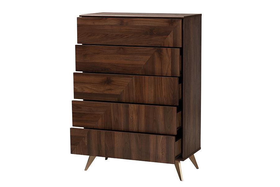 Baxton Studio Graceland Mid-Century Modern Transitional Walnut Brown Finished Wood 5-Drawer Storage Chest FredCo
