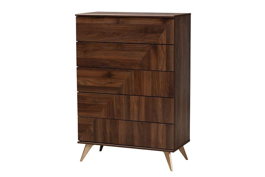 Baxton Studio Graceland Mid-Century Modern Transitional Walnut Brown Finished Wood 5-Drawer Storage Chest FredCo