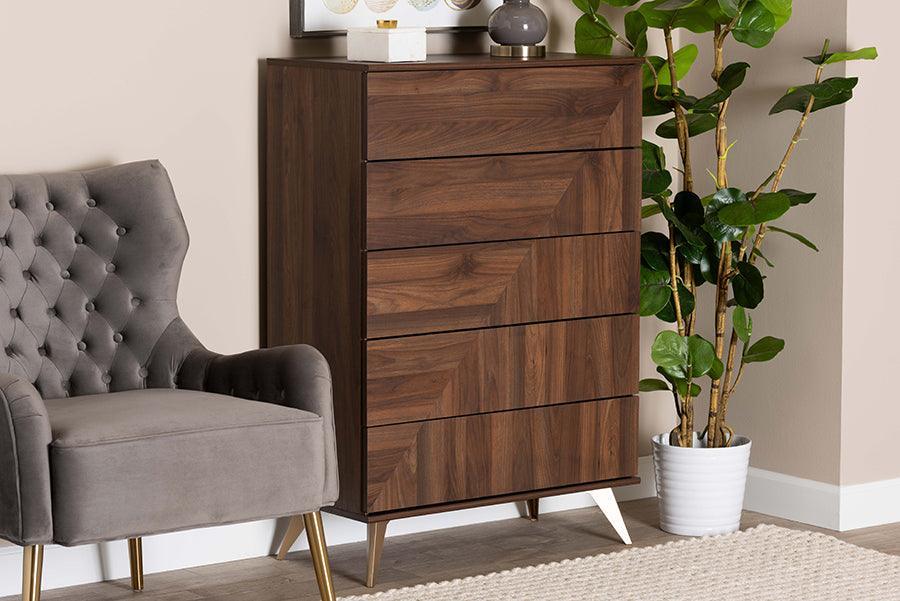 Baxton Studio Graceland Mid-Century Modern Transitional Walnut Brown Finished Wood 5-Drawer Storage Chest FredCo